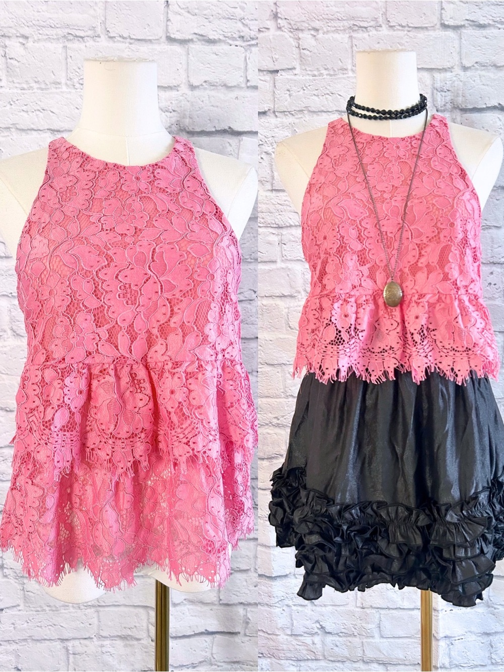 MNG Suit Pink Lace Tiered Layered Peplum Racerback Sleeveless Top Tank Coquette